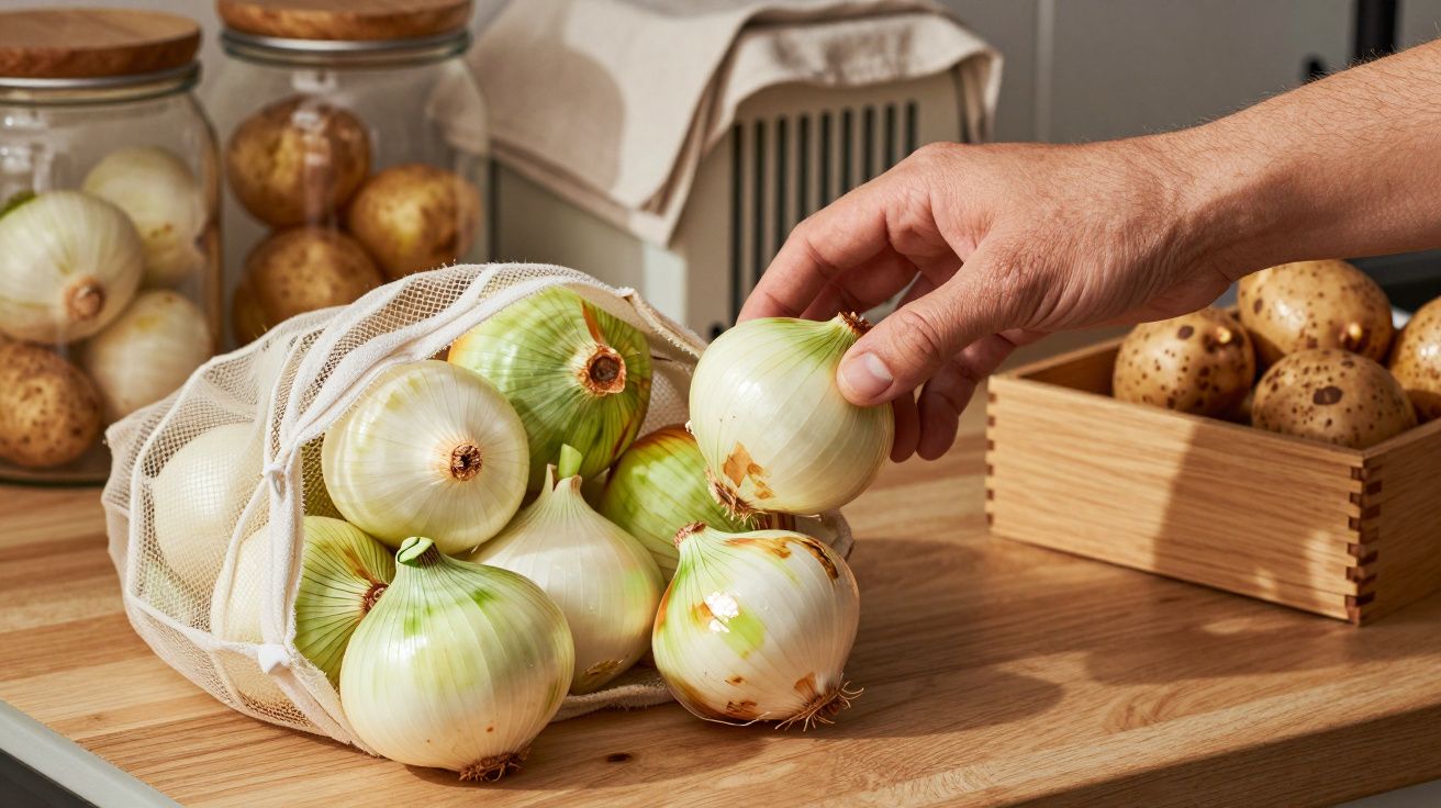 Mano agarrando cebolla de malla en cocina, con patatas en tarros y caja de madera sobre mesa de madera clara.