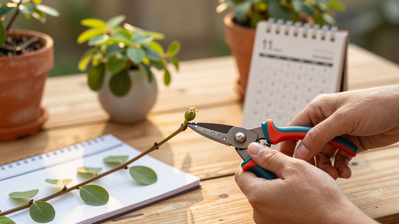 Manos podando una rama con tijeras de jardín sobre una mesa de madera, junto a libretas, una planta y un calendario.