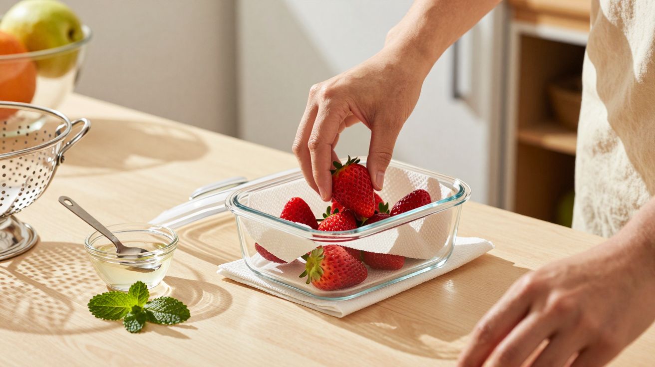 Manos colocando fresas en un recipiente de vidrio sobre una mesa, con hojas de menta y un colador cerca.