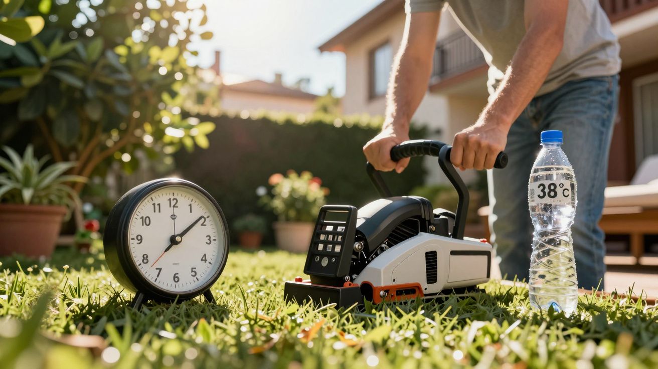 Persona usando cortacésped en jardín, reloj marcando 10:10 y botella de agua con etiqueta 38°C cerca.