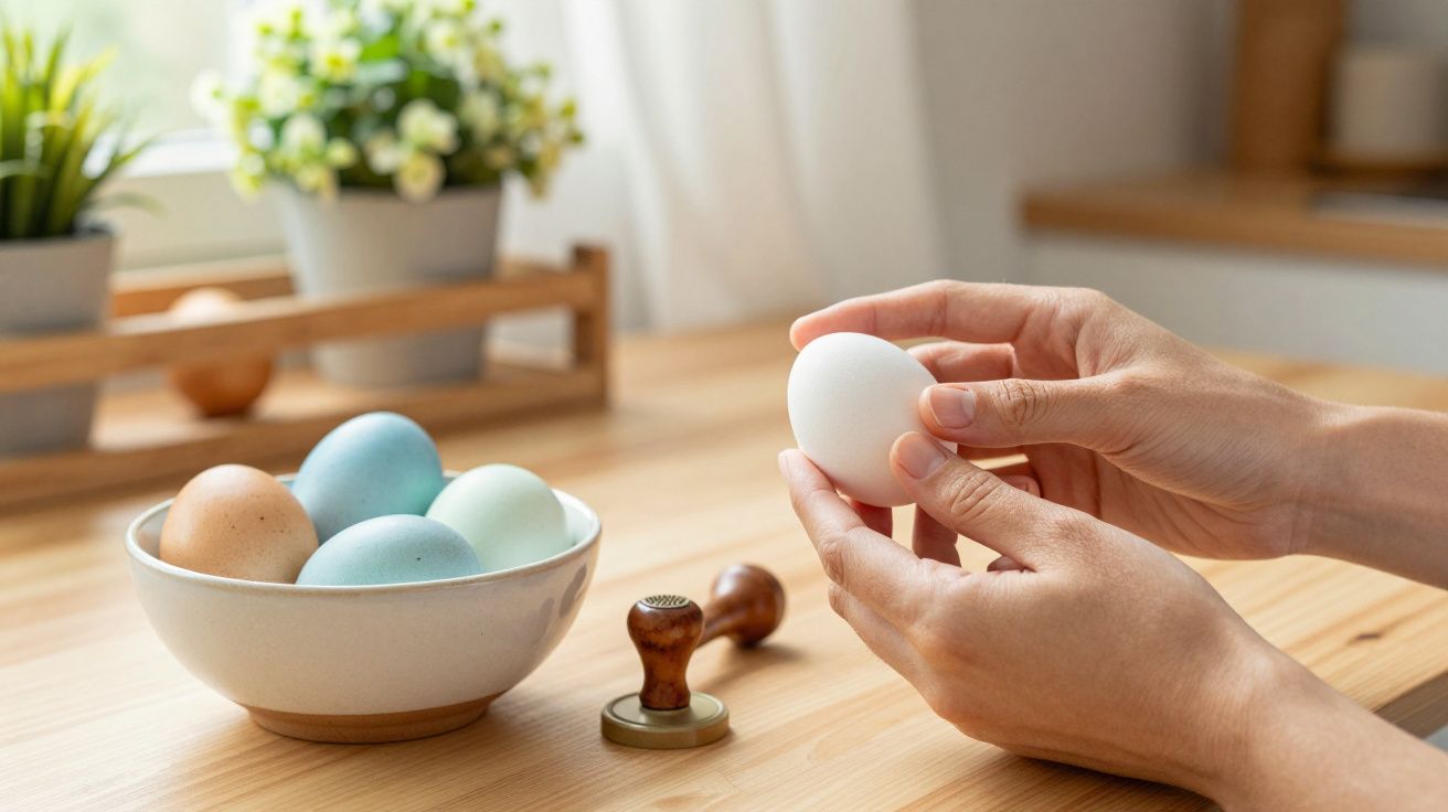 Manos sosteniendo un huevo blanco junto a un cuenco de huevos de colores sobre una mesa de madera.