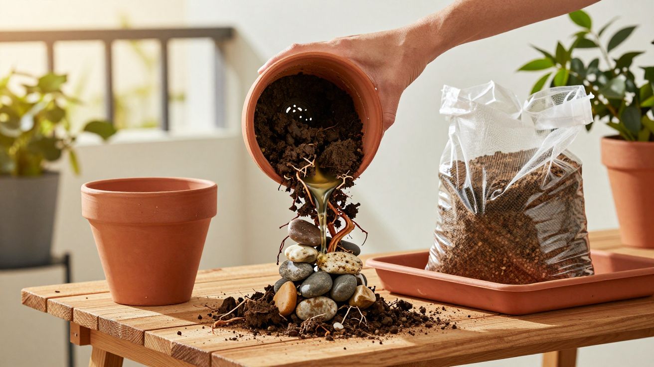 Mano vertiendo tierra desde una maceta sobre piedras en una mesa de madera, con bolsas de sustrato y maceta vacía al fondo.