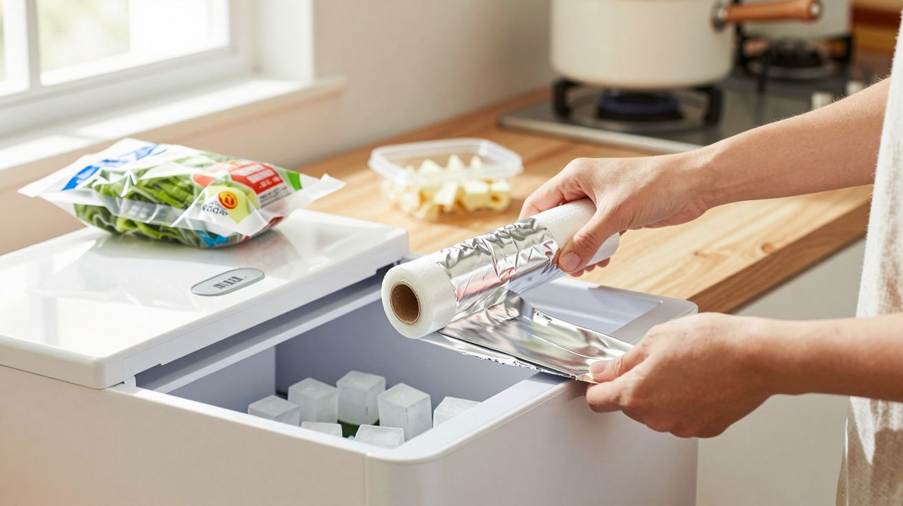 Persona colocando papel de aluminio sobre hielos en un congelador, junto a alimentos y productos en la cocina.
