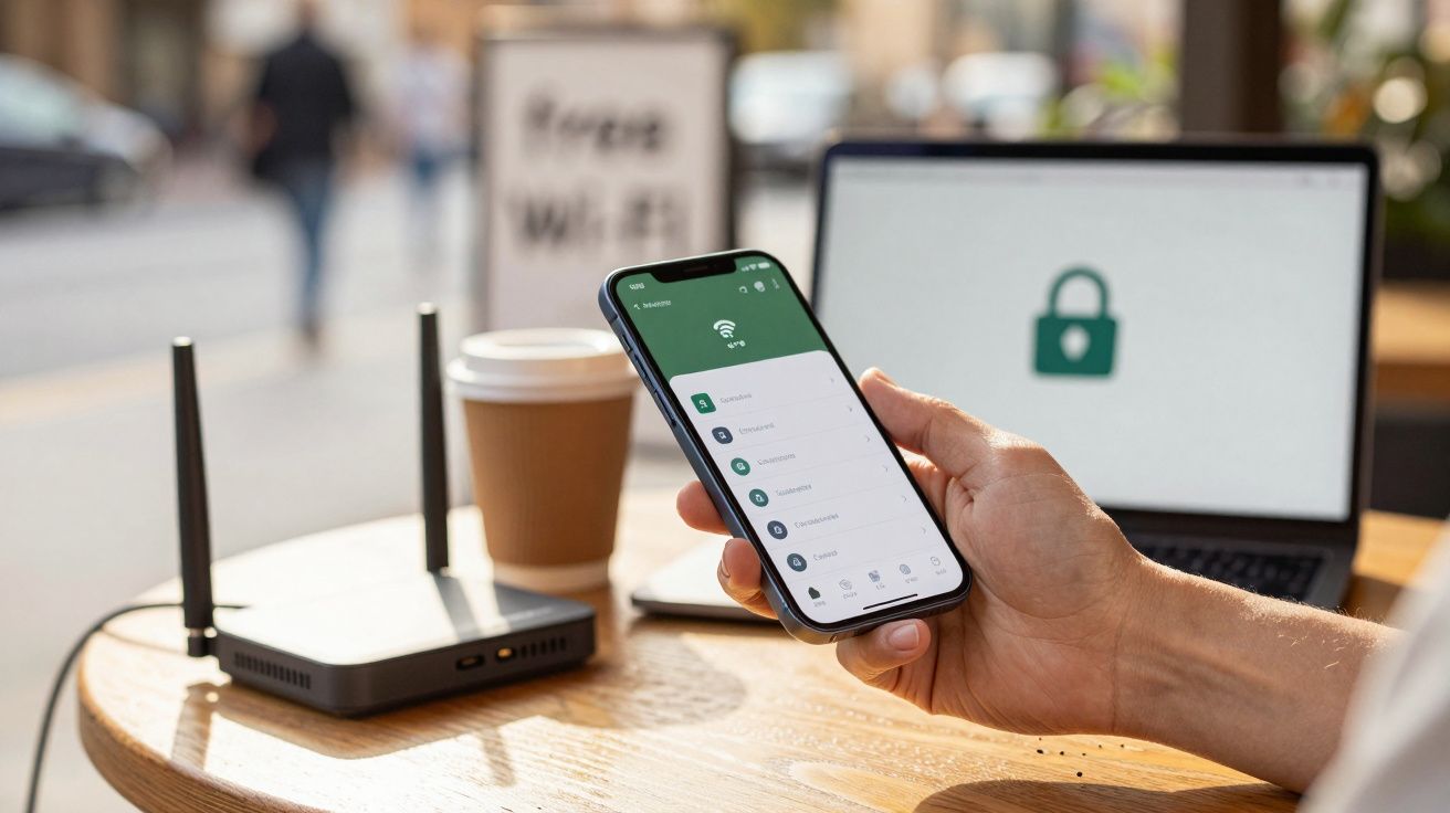 Persona usando un móvil cerca de un router y un portátil con icono de seguridad, en un café con wifi gratis.