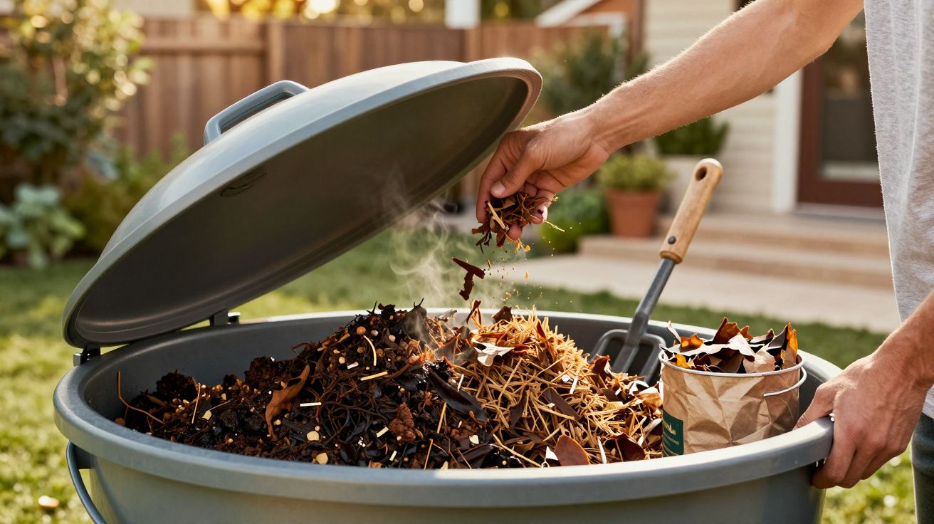 Persona agregando restos orgánicos a compostera en un jardín, con humo ligero saliendo del interior.