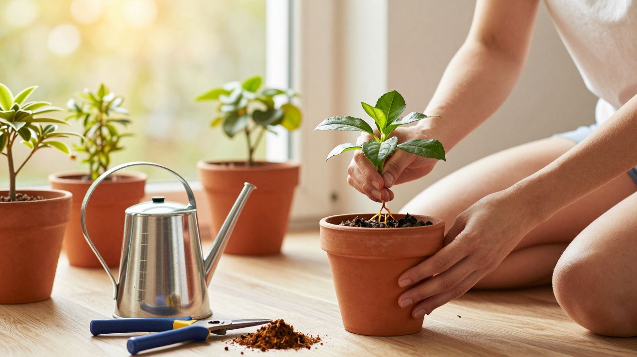 Persona plantando una pequeña planta en una maceta, rodeada de herramientas de jardinería y una regadera.