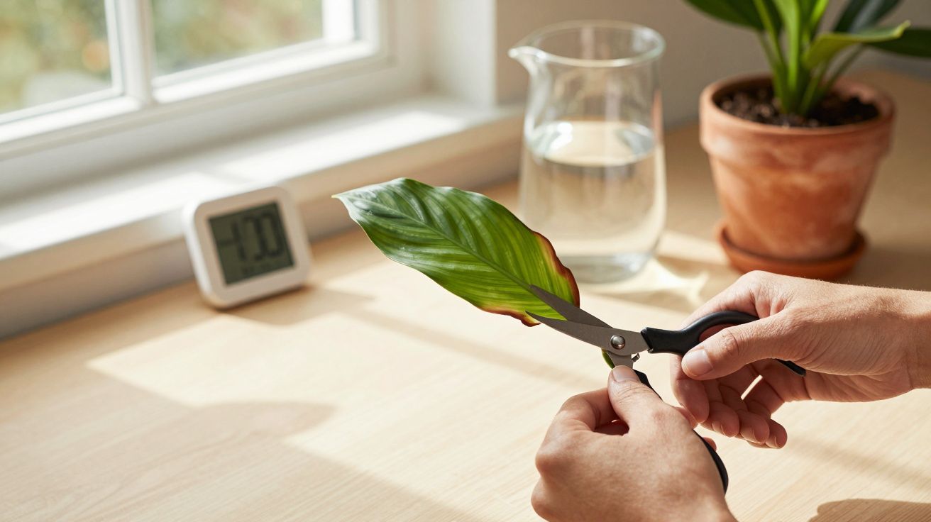 Manos podando hoja de planta en el interior junto a una ventana, reloj digital y jarra de agua sobre la mesa.