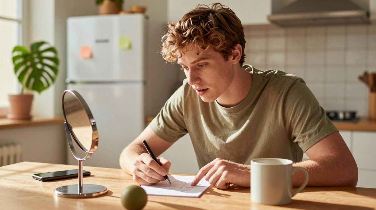 Joven escribiendo en una libreta en una cocina, con una taza, espejo y teléfono móvil sobre la mesa.