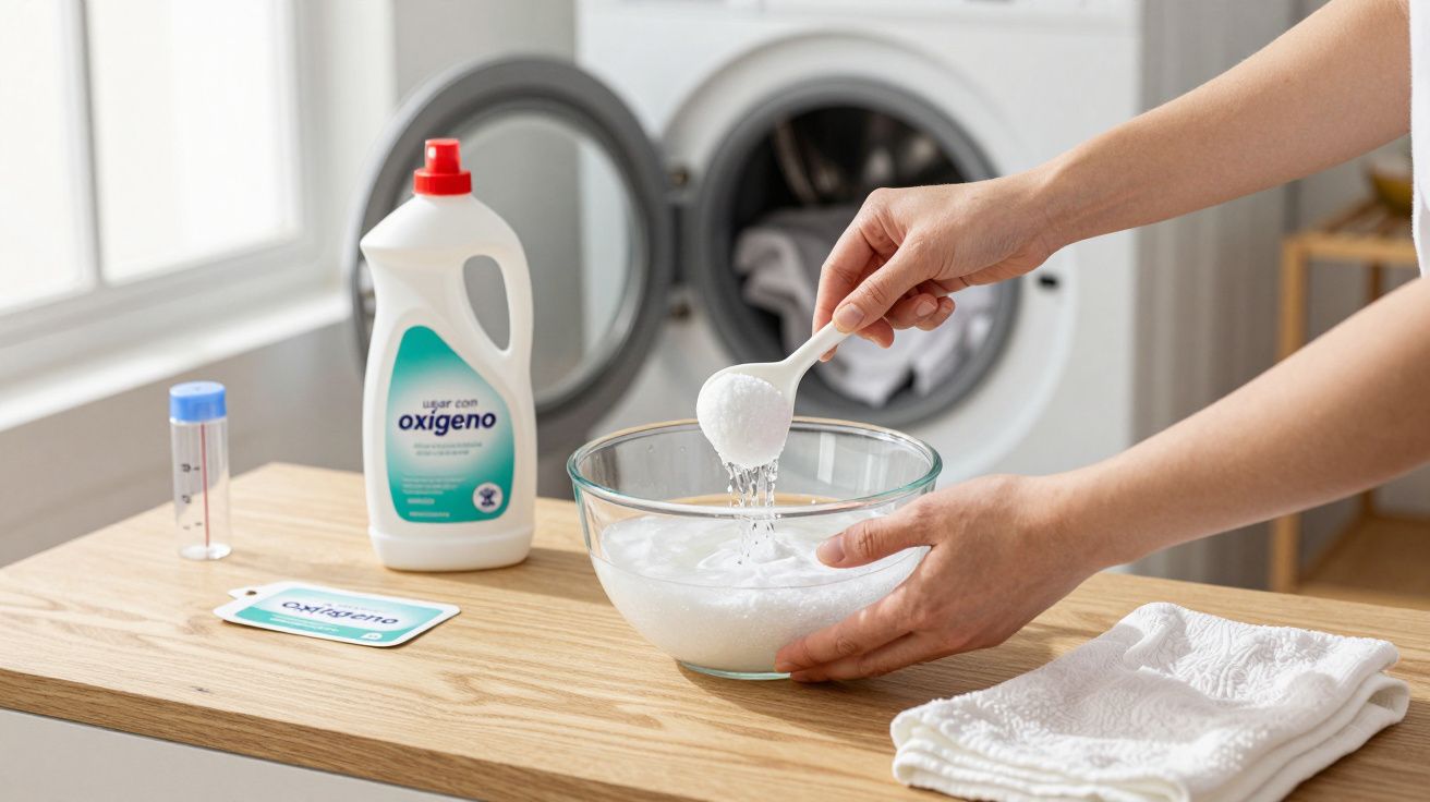 Manos mezclando detergente en polvo en un bol frente a una lavadora. Frasco de detergente líquido y toallas al lado.