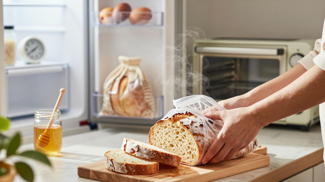 Manos sacando pan fresco y humeante del embalaje sobre una tabla de cortar, con miel y nevera al fondo.