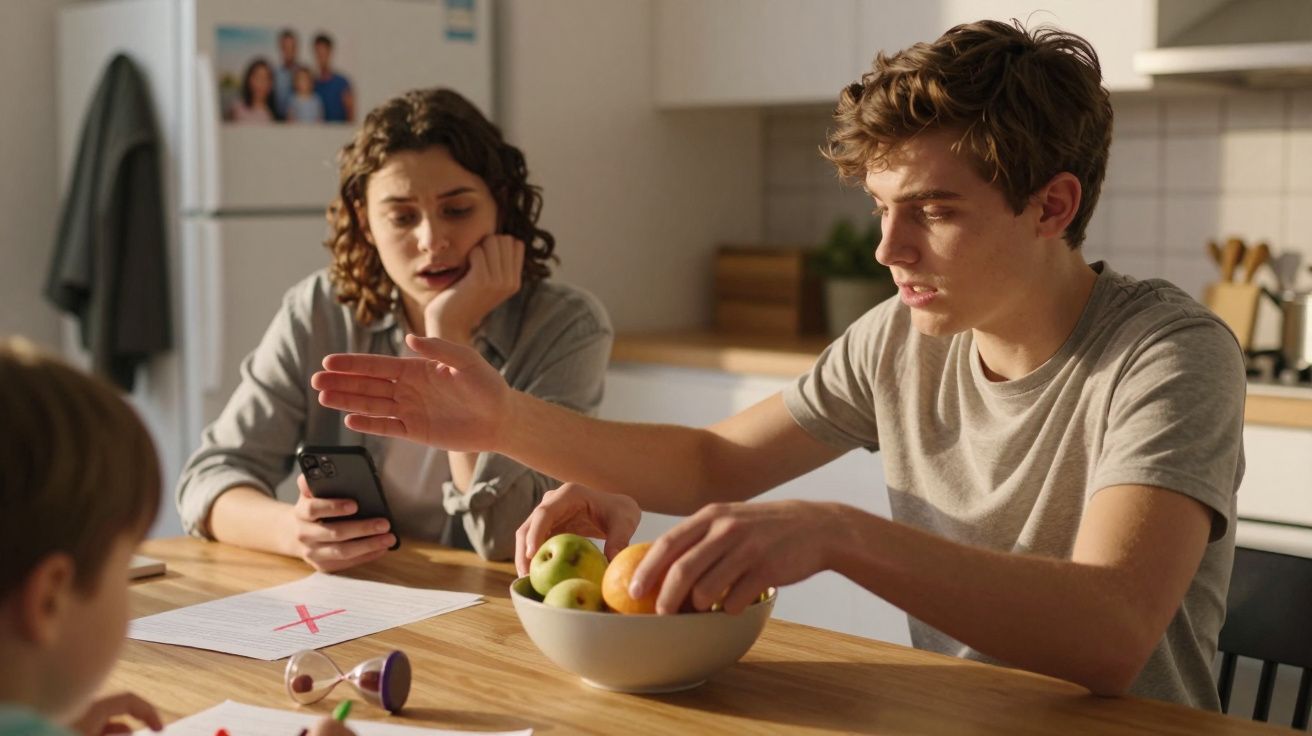 Joven sentado junto a mujer con móvil en cocina, hablando mientras sostiene un bol de frutas. Niño en primer plano.