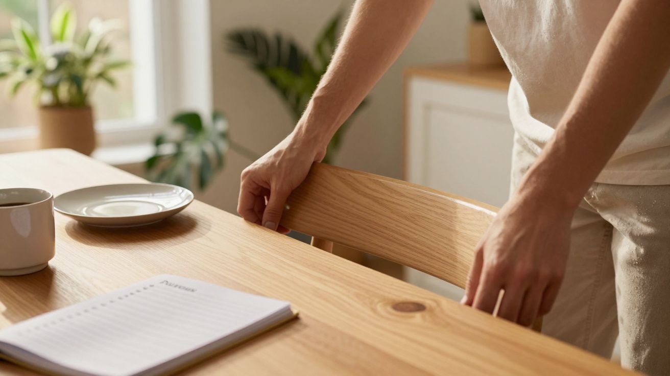 Persona ajustando una silla de madera junto a una mesa con taza, plato y cuaderno en un entorno de planta interior.