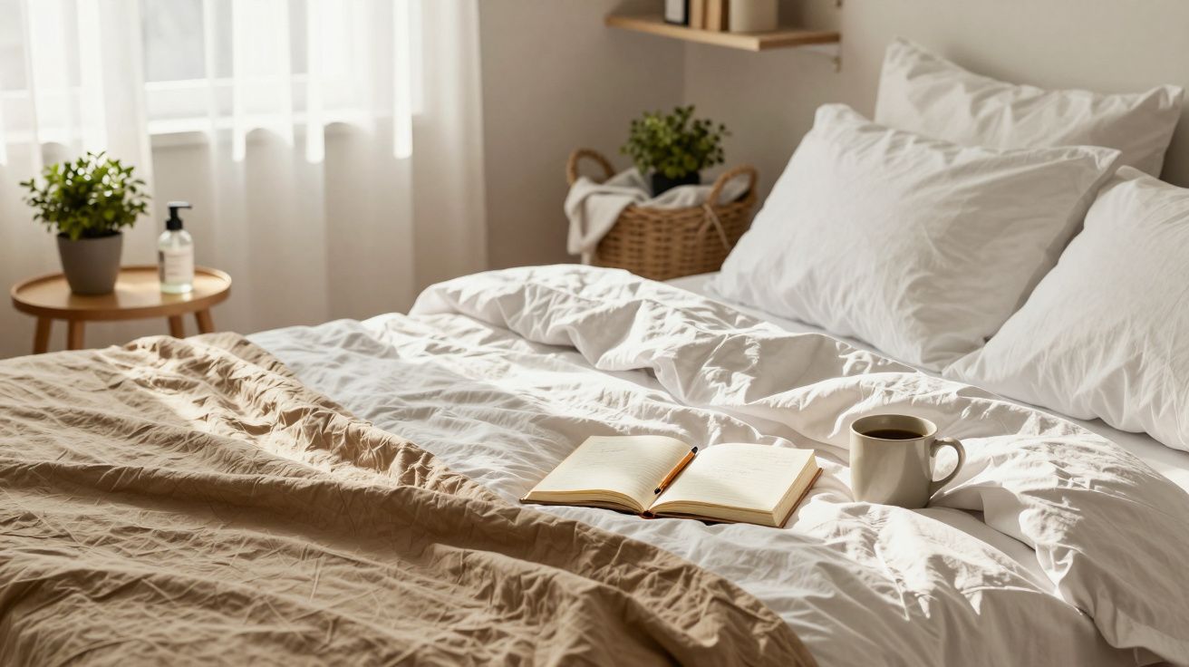 Cama con libro abierto y taza de café, junto a ventana y mesa con planta y jabón.