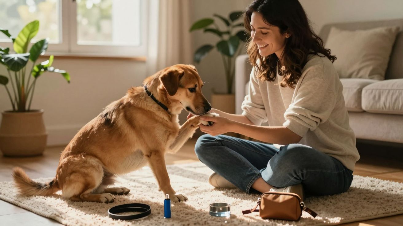 Mujer sonriente enseña a su perro un truco en la sala de estar iluminada por el sol.
