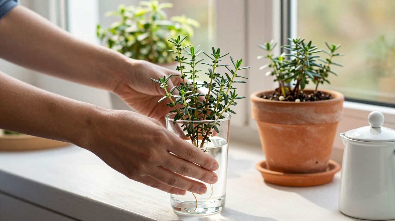 Manos colocando esquejes en un vaso de agua junto a una planta en maceta en el alféizar de la ventana.