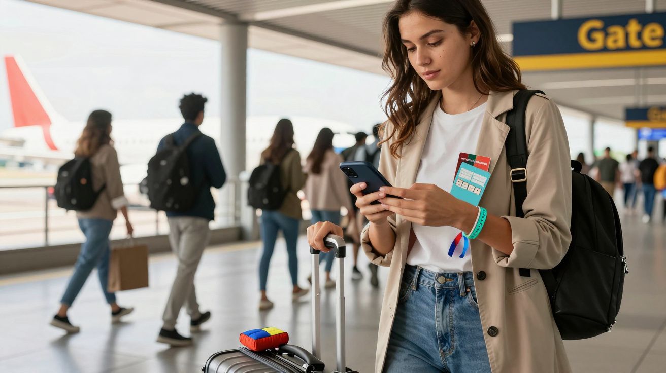 Mujer en aeropuerto revisando su móvil, con maleta de ruedas y gente caminando al fondo.