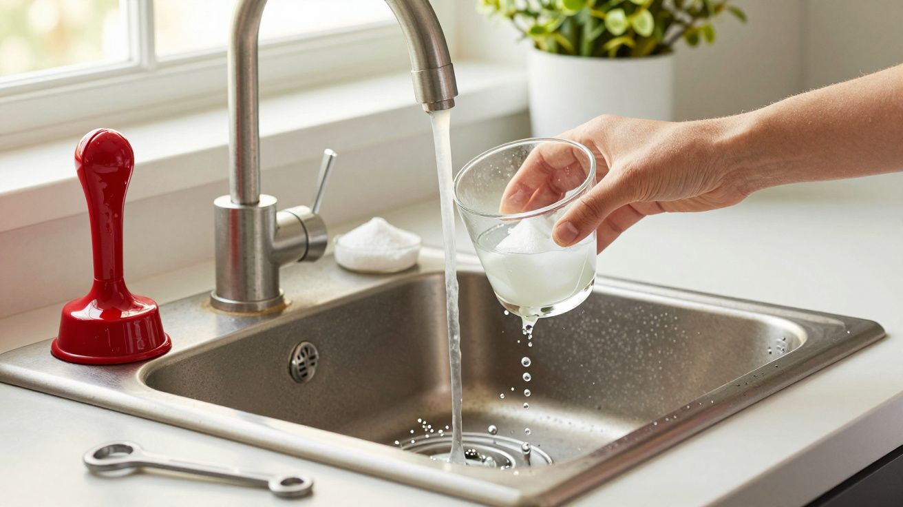 Mano vertiendo líquido en fregadero con agua corriendo; desatascador rojo y llave ajustable cerca.