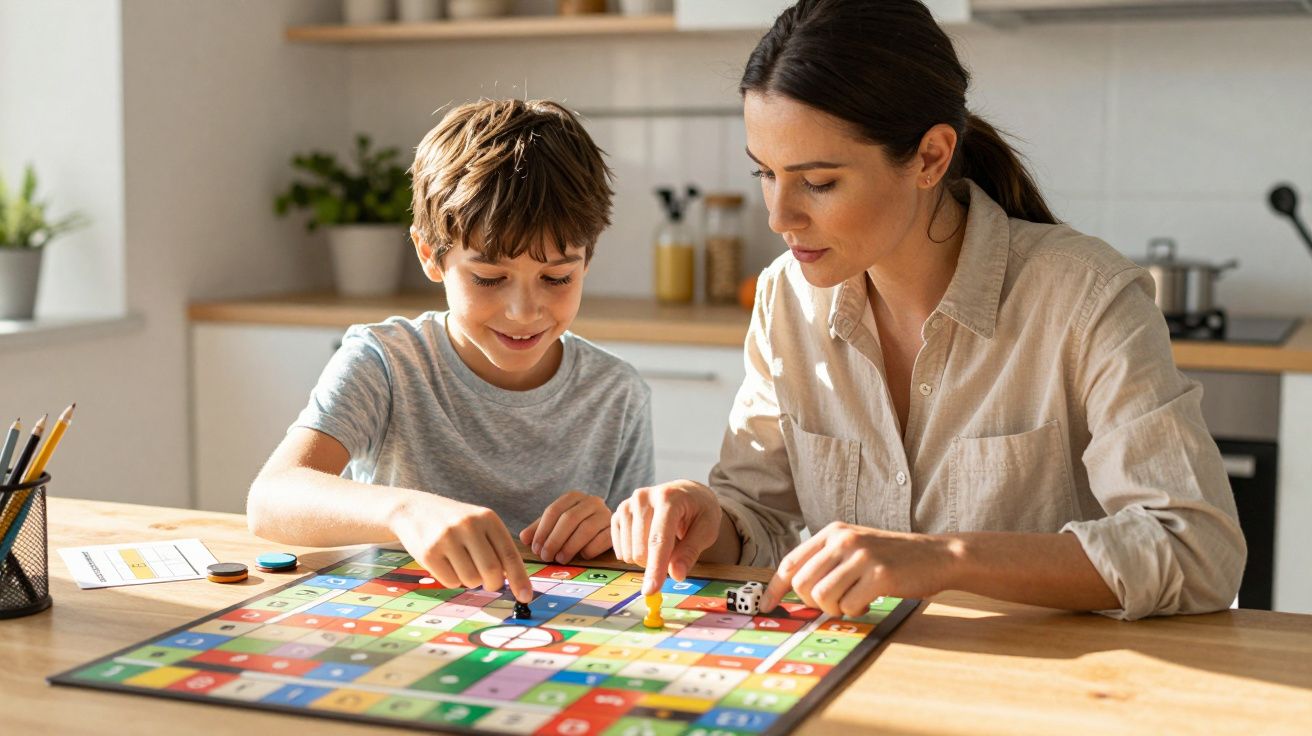 Madre e hijo juegan a un juego de mesa colorido en la cocina, concentrados y sonrientes, sobre una mesa de madera clara.