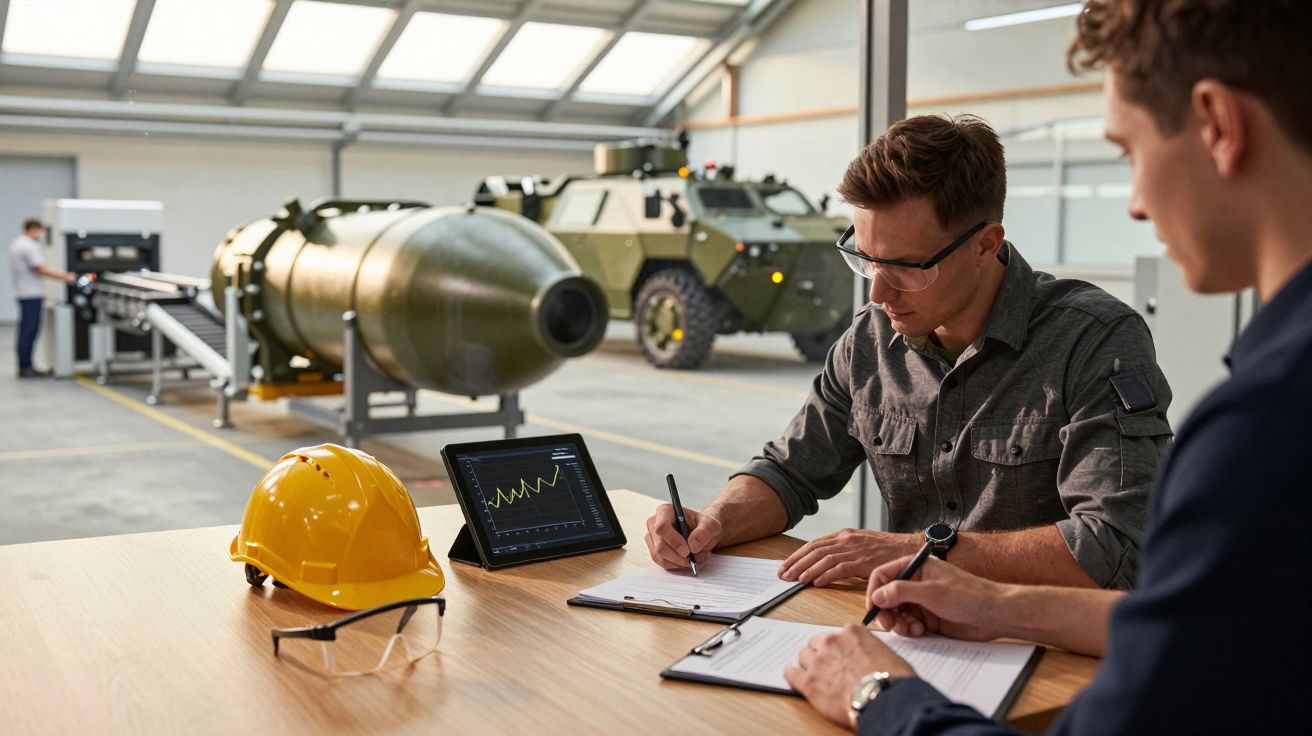 Dos hombres tomando notas en una mesa en un taller con maquinaria pesada al fondo y un vehículo blindado.