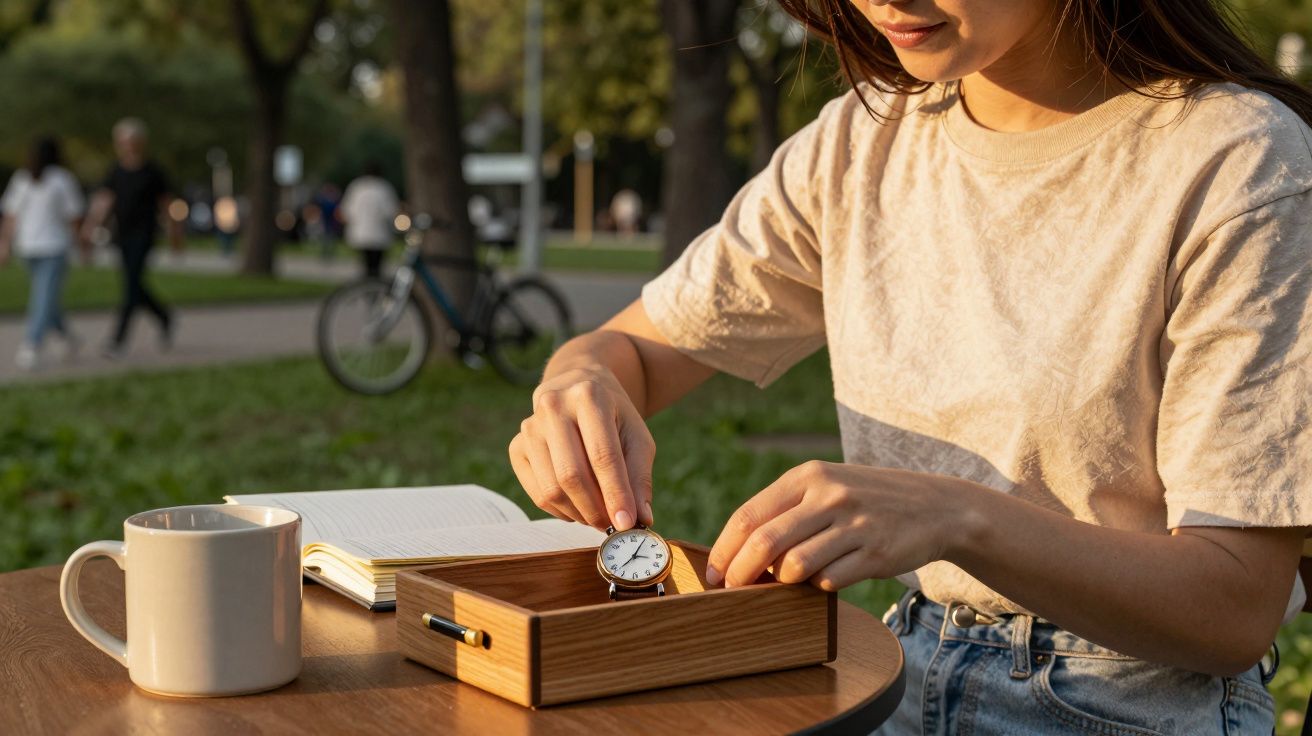 Mujer joven coloca un reloj en una caja de madera sobre una mesa al aire libre, con un libro abierto y una taza cerca.