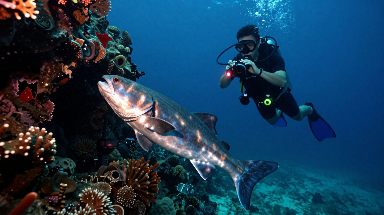 Buzo fotografiando un pez grande cerca de un arrecife de coral, rodeado de anémonas y corales coloridos bajo el agua.