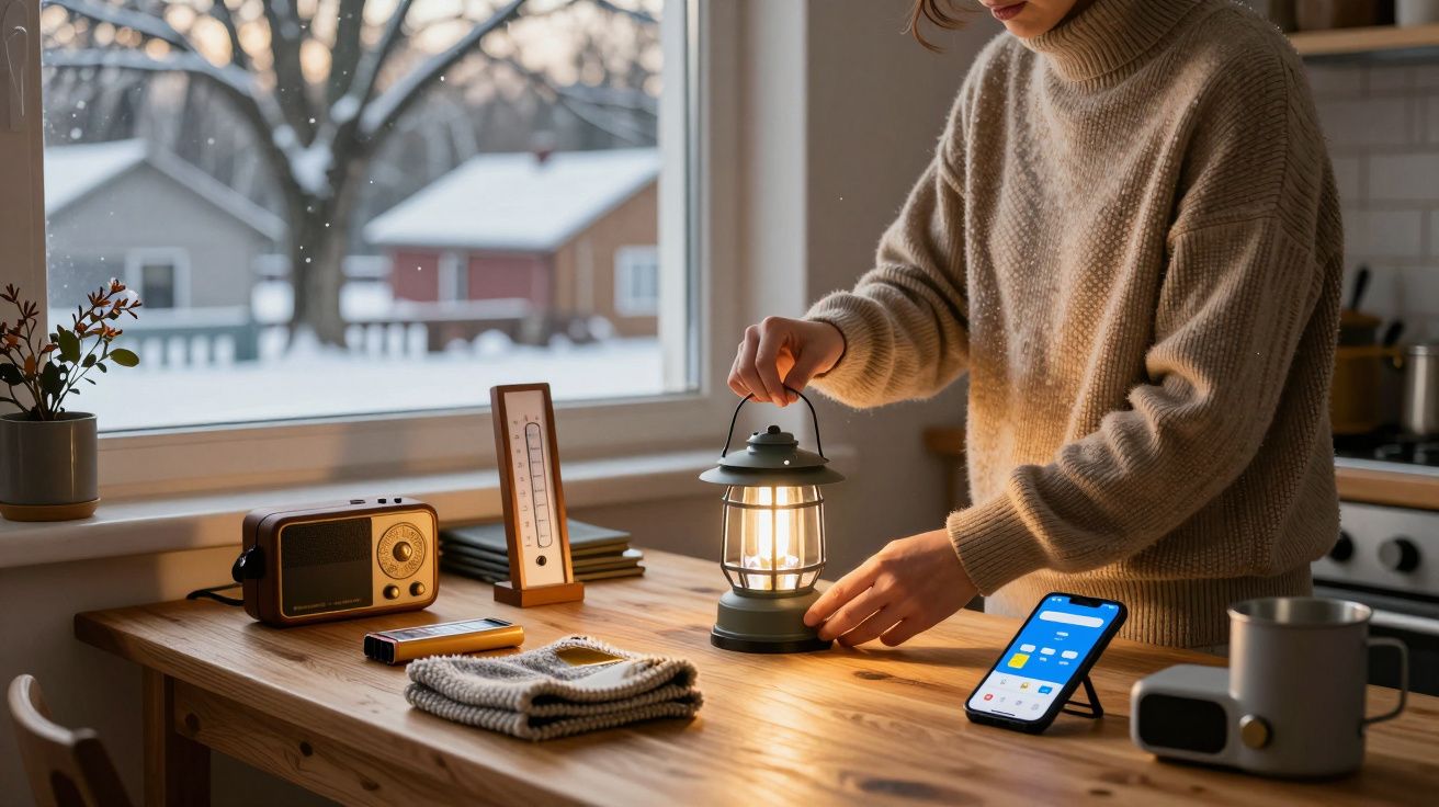 Persona en suéter ajustando una lámpara en una mesa de cocina acogedora con dispositivos modernos y vista de casas nevadas af