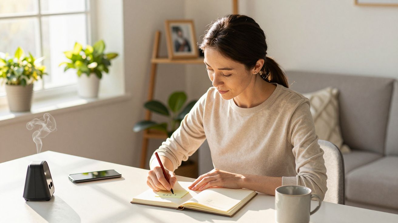Mujer escribiendo en un cuaderno en una mesa con taza, teléfono y vela encendida; plantas al fondo en una habitación iluminad