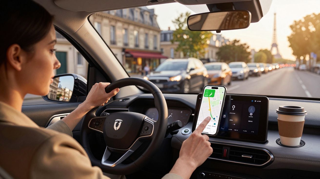 Mujer conduciendo en París mientras usa un GPS en su móvil; la Torre Eiffel es visible al fondo.